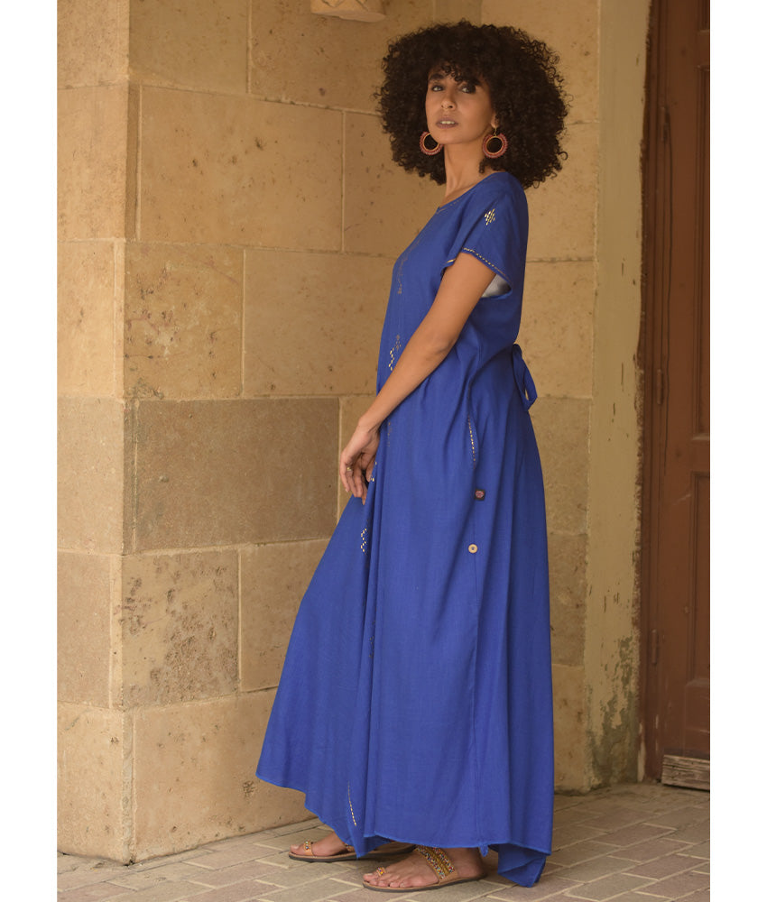 Electric Blue Linen Dress with Gold Tally Embroideries handmade in Egypt & available at Jozee boutique