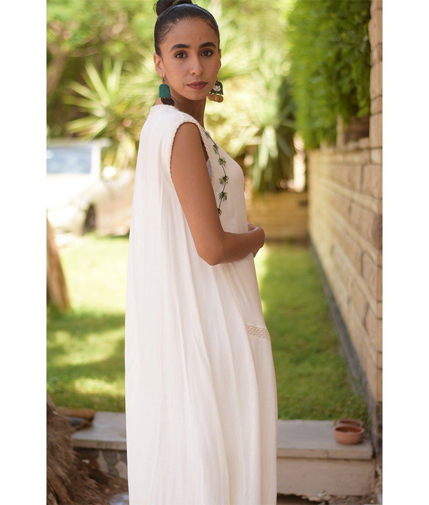 White Linen Dress with Hand Embroideries handmade in Egypt & available in Jozee boutique