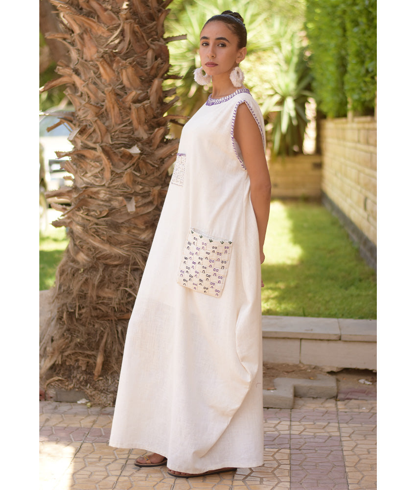 Off White Embroidered Maxi Dress handmade in Egypt & available in Jozee boutique