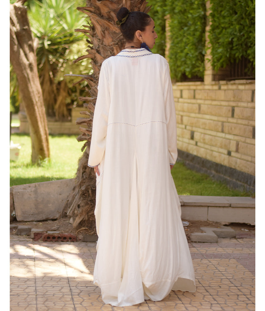 Off White Embroidered Draped Linen Cotton Cardigan handmade in Egypt & available in Jozee boutique