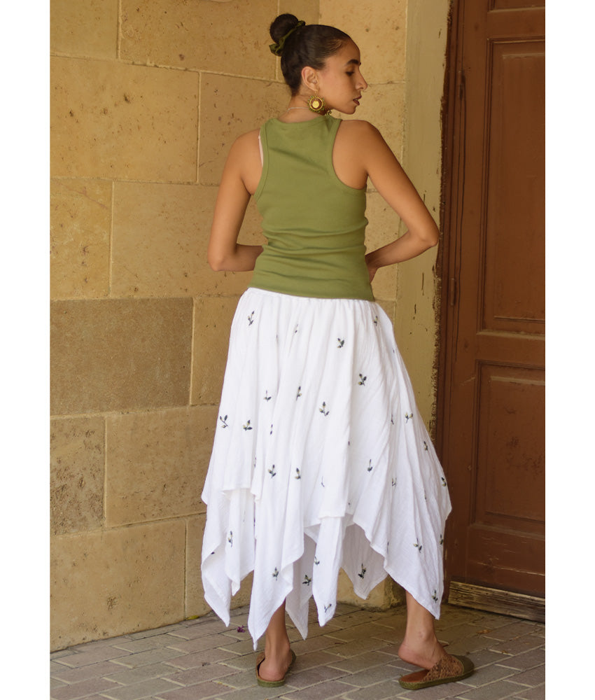 White Embroidered Handkerchief Skirt handmade in Egypt & available in Jozee boutique