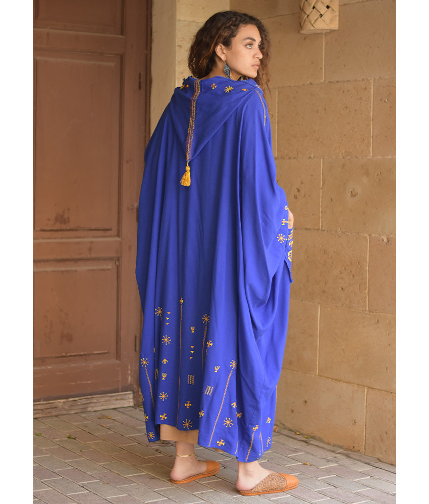 Electric Blue Siwa Embroidered Linen Cardigan/Abaya with Hoodie handmade in Egypt & available at Jozee Boutique.