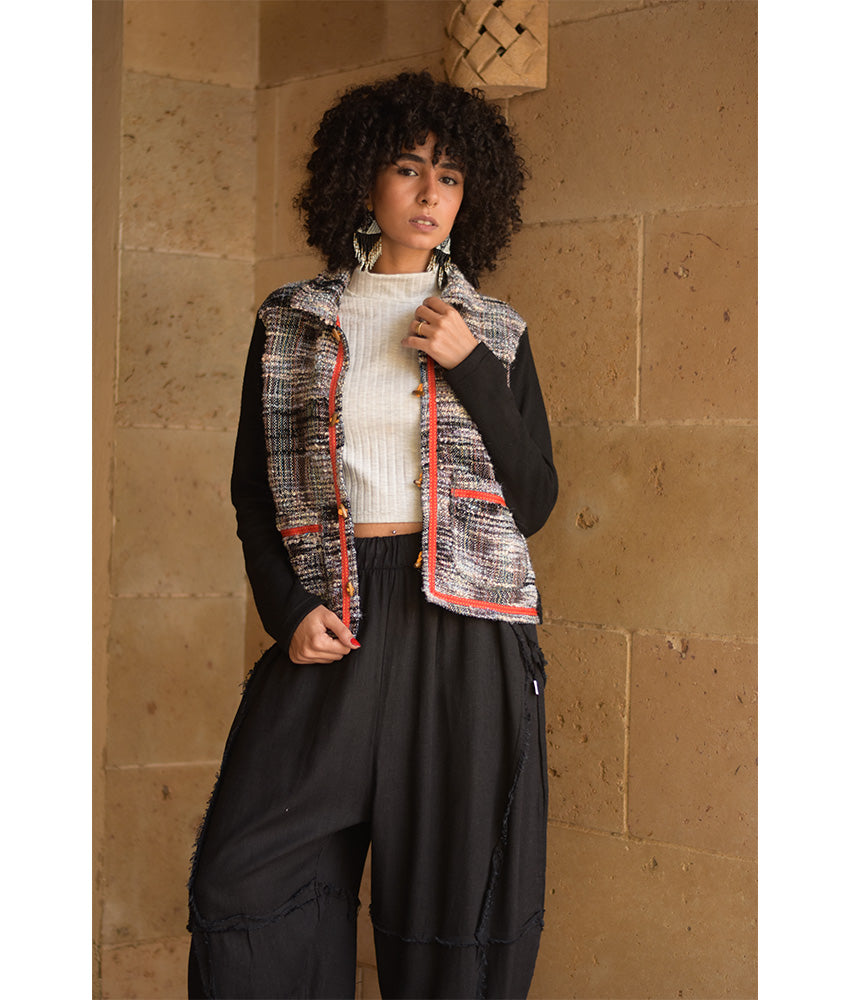 Black & White Cropped Akhmim Loomwoven Jacket handmade in Egypt & available at Jozee Boutique.handmade in Egypt & available at Jozee Boutique.