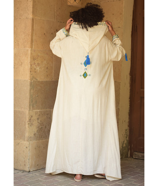 Off white Siwa Embroidered Linen Dress with Hoodie handmade in Egypt & available at Jozee Boutique.
