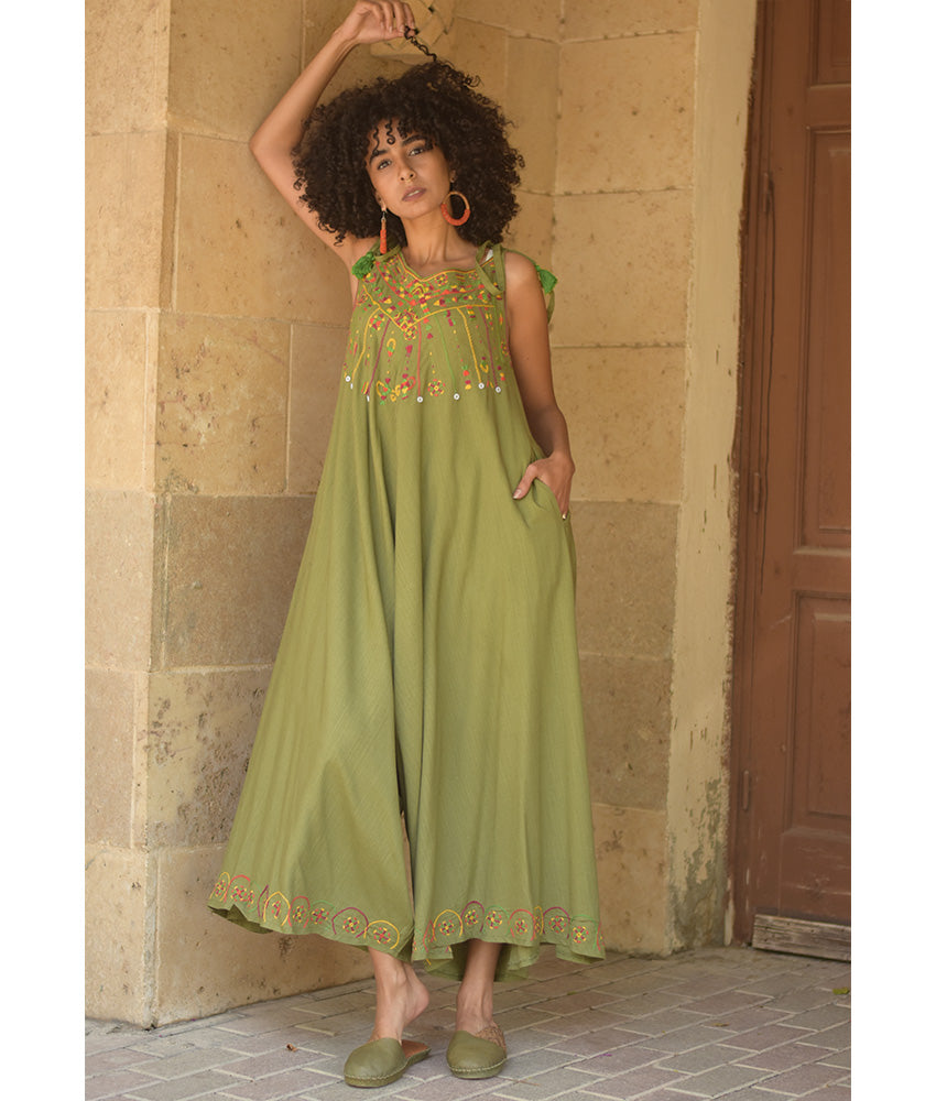 Army green Siwa Embroidered Linen Flowy Jumpsuit/Dress handmade in Egypt & available at Jozee Boutique.