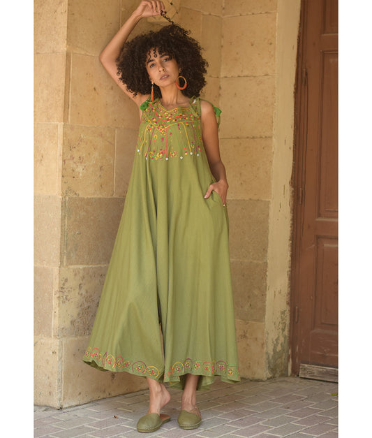 Army green Siwa Embroidered Linen Flowy Jumpsuit/Dress handmade in Egypt & available at Jozee Boutique.