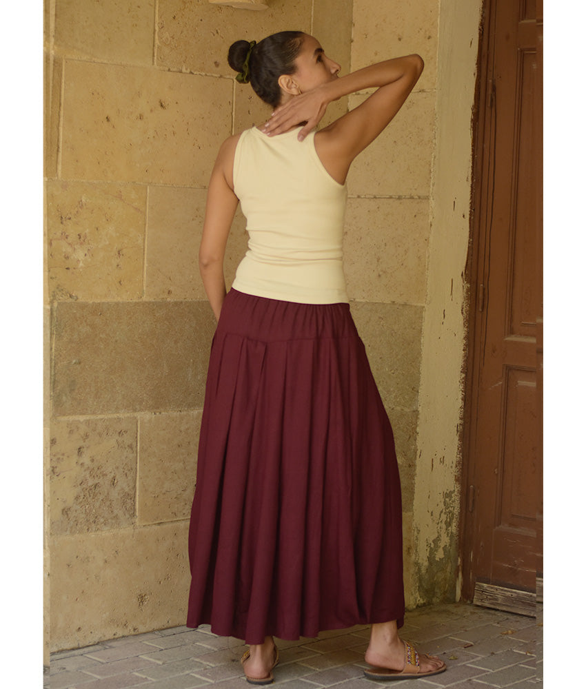 Burgundy Draped Maxi Skirt handmade in Egypt & available in Jozee boutique