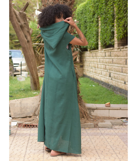 Emerald Green Linen Dress with Hoodie handmade in Egypt & available at Jozee Boutique.
