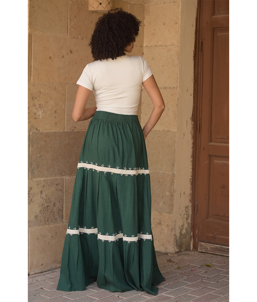 Emerald green Linen Skirt with Hand Embroideries handmade in Egypt & available at Jozee Boutique.