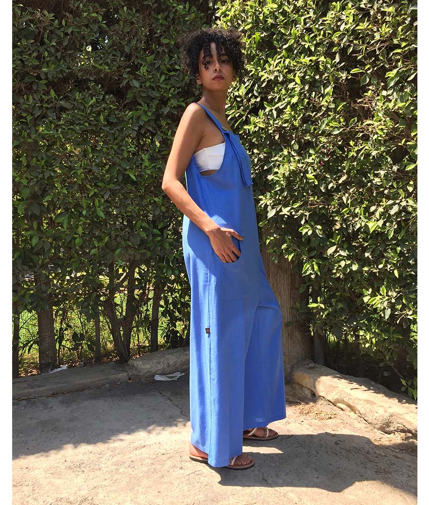 Aqua Linen Jumpsuit handmade in Egypt & available at Jozee Boutique.