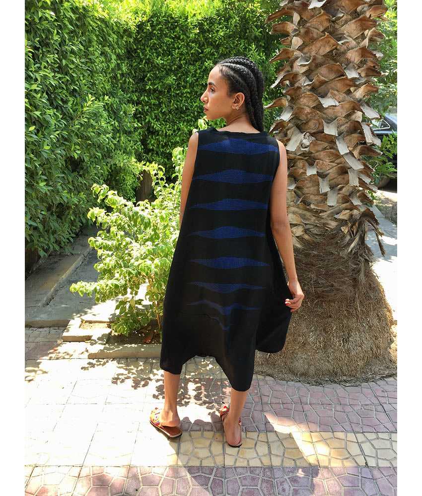 Black & Blue Viscose Midi Sleeveless Dress Handmade in Egypt & available in Jozee boutique