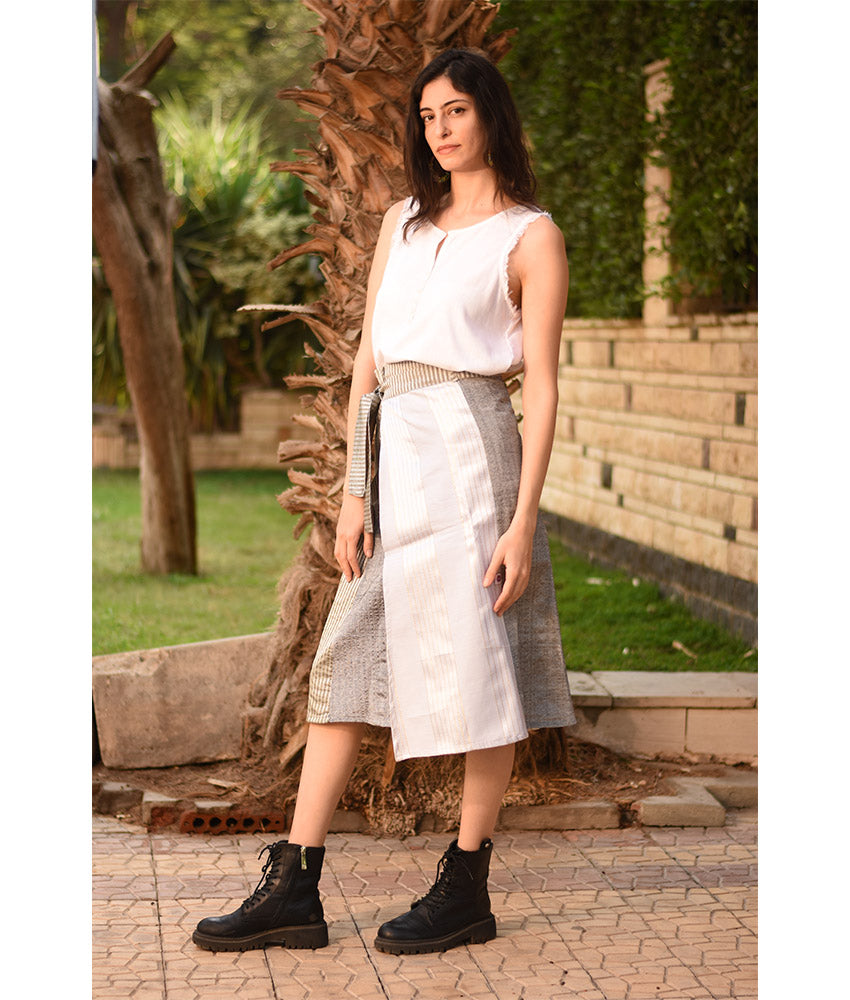 Shades of Grey Silk and Cotton Loom Woven Midi Wrap Skirt handmade in Egypt & available at Jozee Boutique.