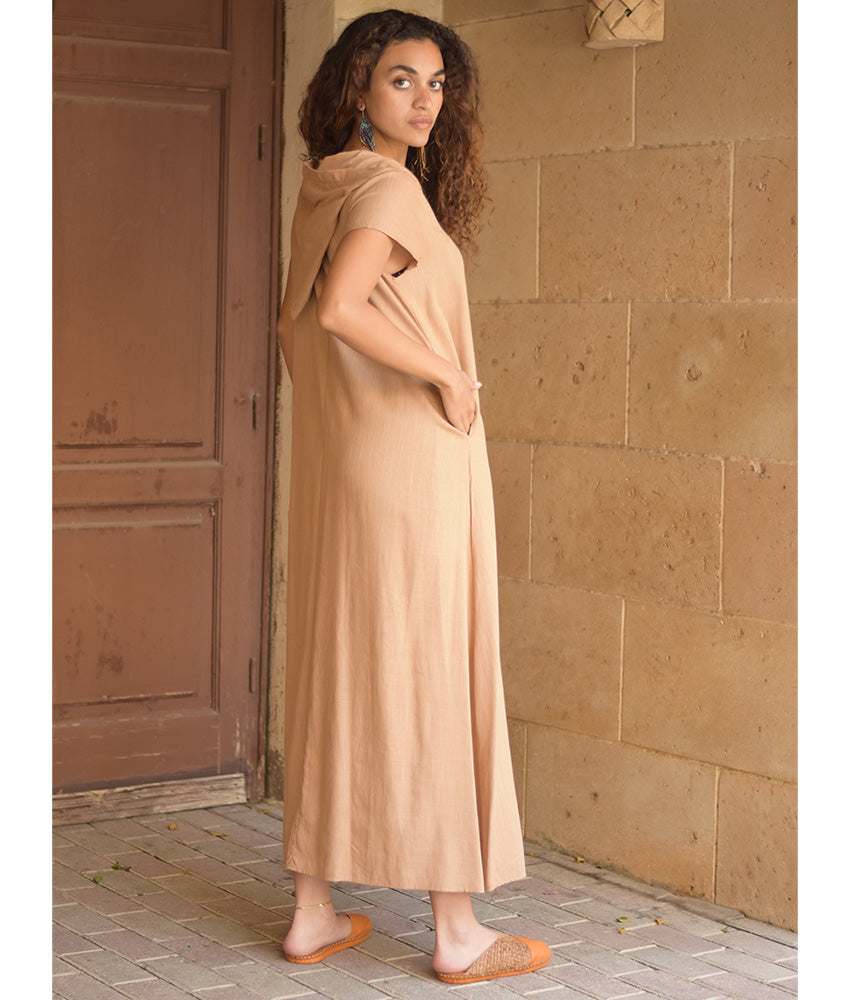 Dark beige Linen Dress with Hoodie handmade in Egypt & available at Jozee Boutique.