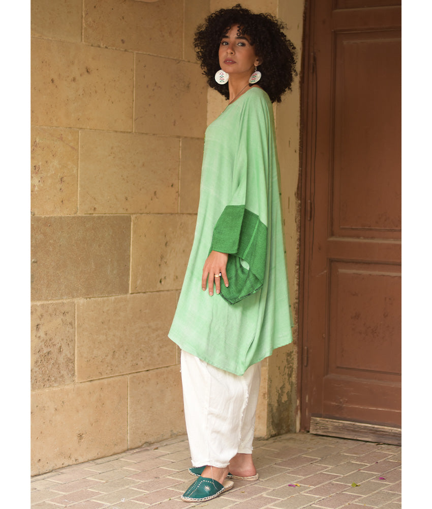 Shades of Green Viscose Midi Dress with Inspired Pattern handmade in Egypt & available at Jozee Boutique.