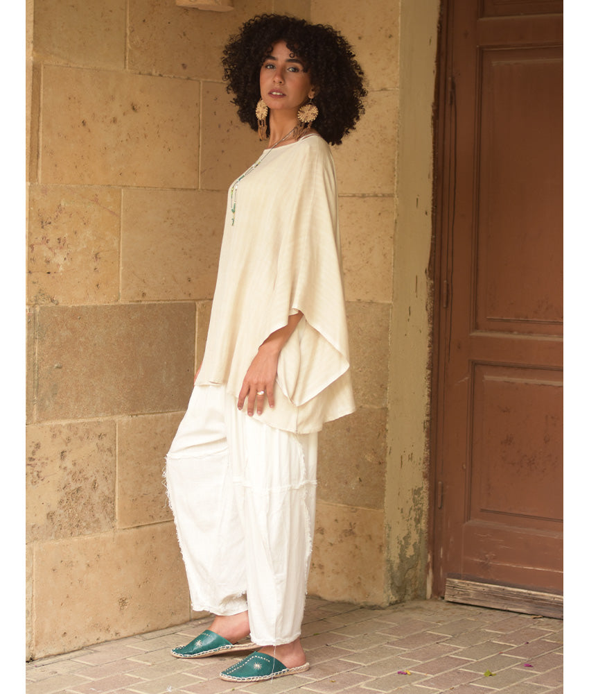 Off white Viscose Oversized Top with Flowing Silhouette handmade in Egypt & available at Jozee Boutique.