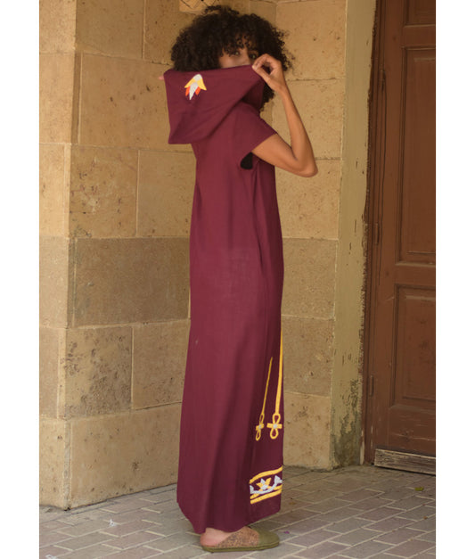 Burgundy Linen Dress with Khyamia Ancient Egyptian Crafts Patchwork handmade in Egypt & available at Jozee Boutique.