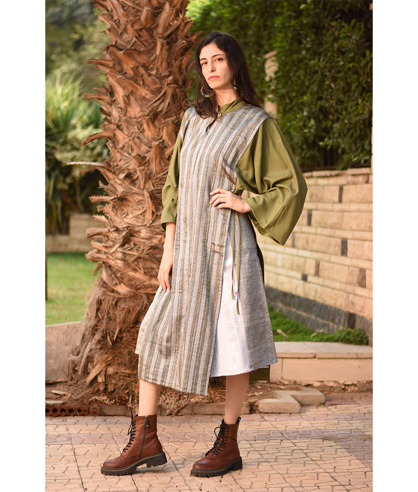Army Green & Silver Silk & Cotton Loom Woven Long Sleeve Tunic handmade in Egypt & available at Jozee Boutique.