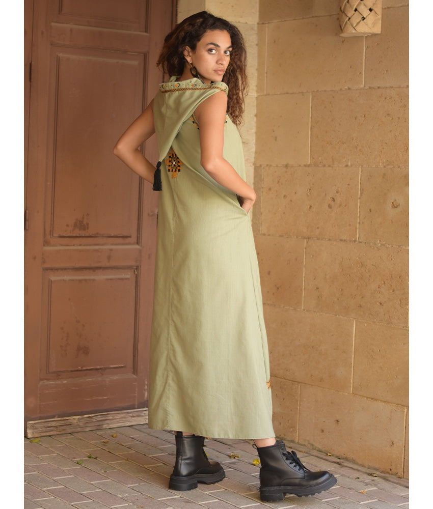 Light olive Siwa Heavily Embroidered Linen Dress with Hoodie handmade in Egypt & available at Jozee Boutique.
