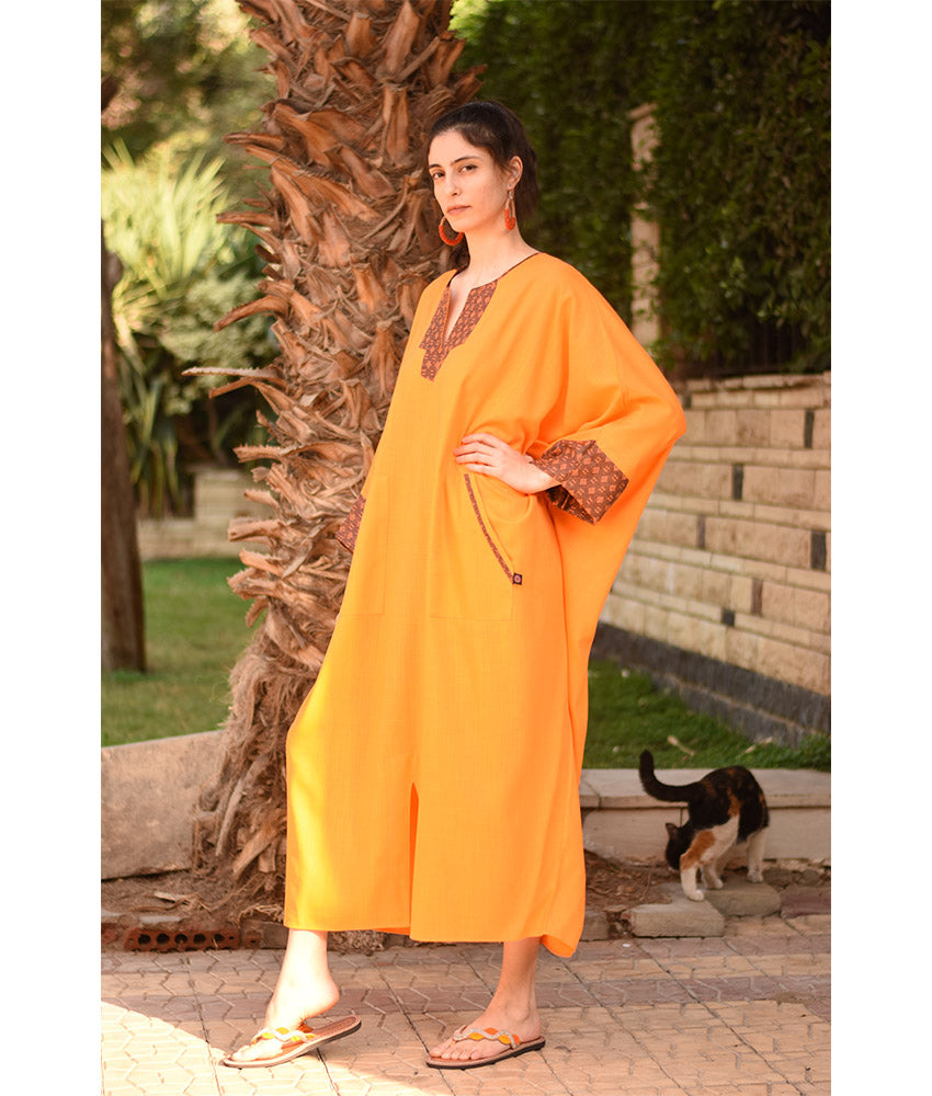 Orange Linen Kaftan with Silk & Cotton Loom Woven Patches handmade in Egypt & available at Jozee Boutique.
