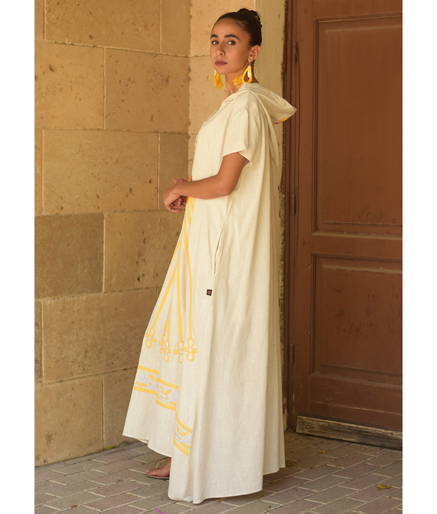 Off White Linen Dress with Khyamia Ancient Egyptian Crafts Patchwork handmade in Egypt & available at Jozee Boutique.