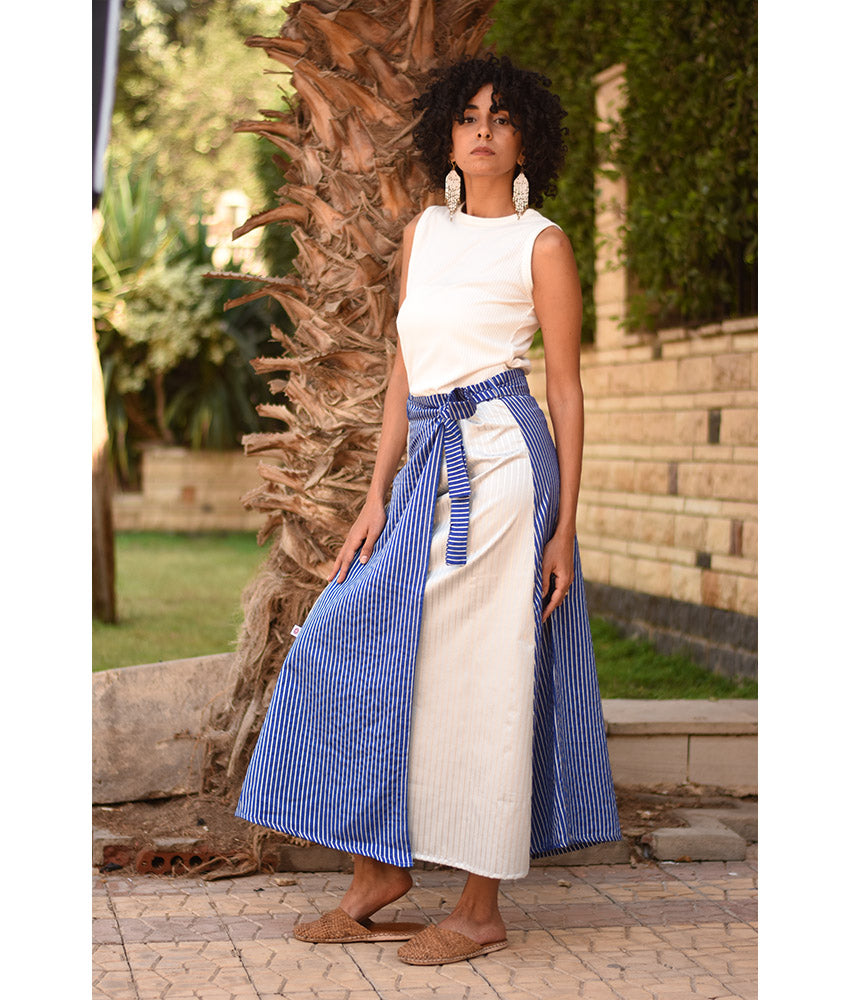 Blue & Silver Silk and Cotton Loom Woven Long Wrap Skirt handmade in Egypt & available at Jozee Boutique.