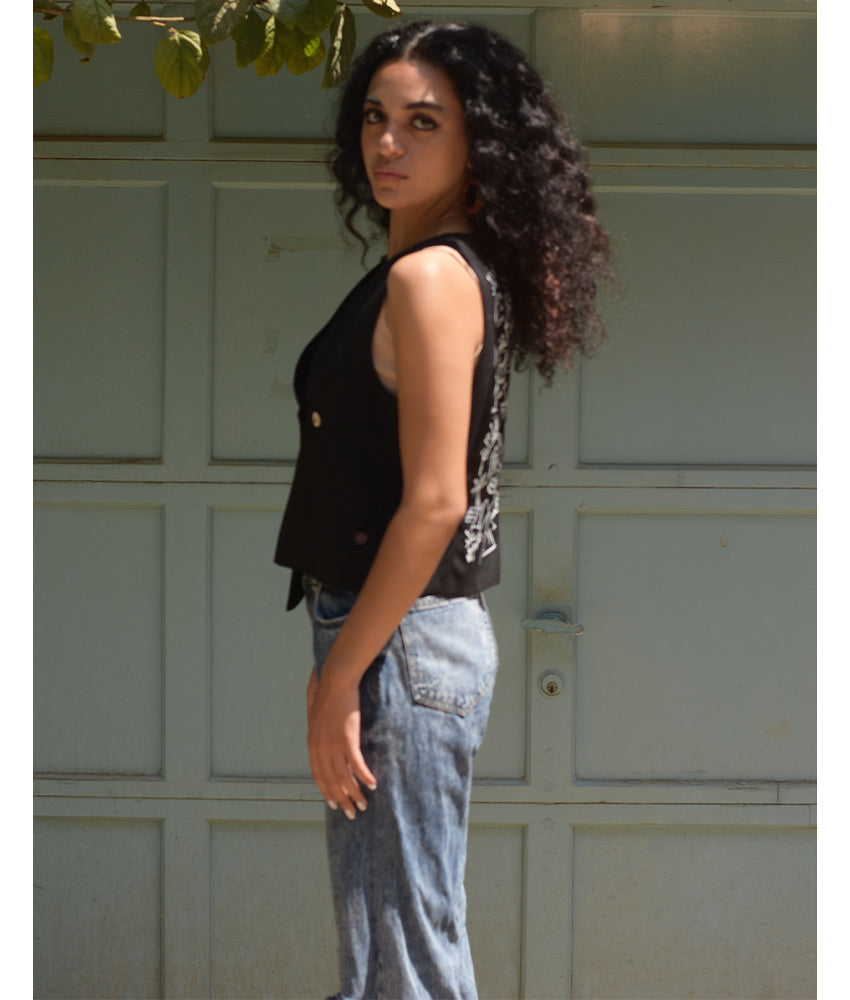 Black El Mahrousa Linen Wrap Vest handmade in Egypt & available at Jozee Boutique.