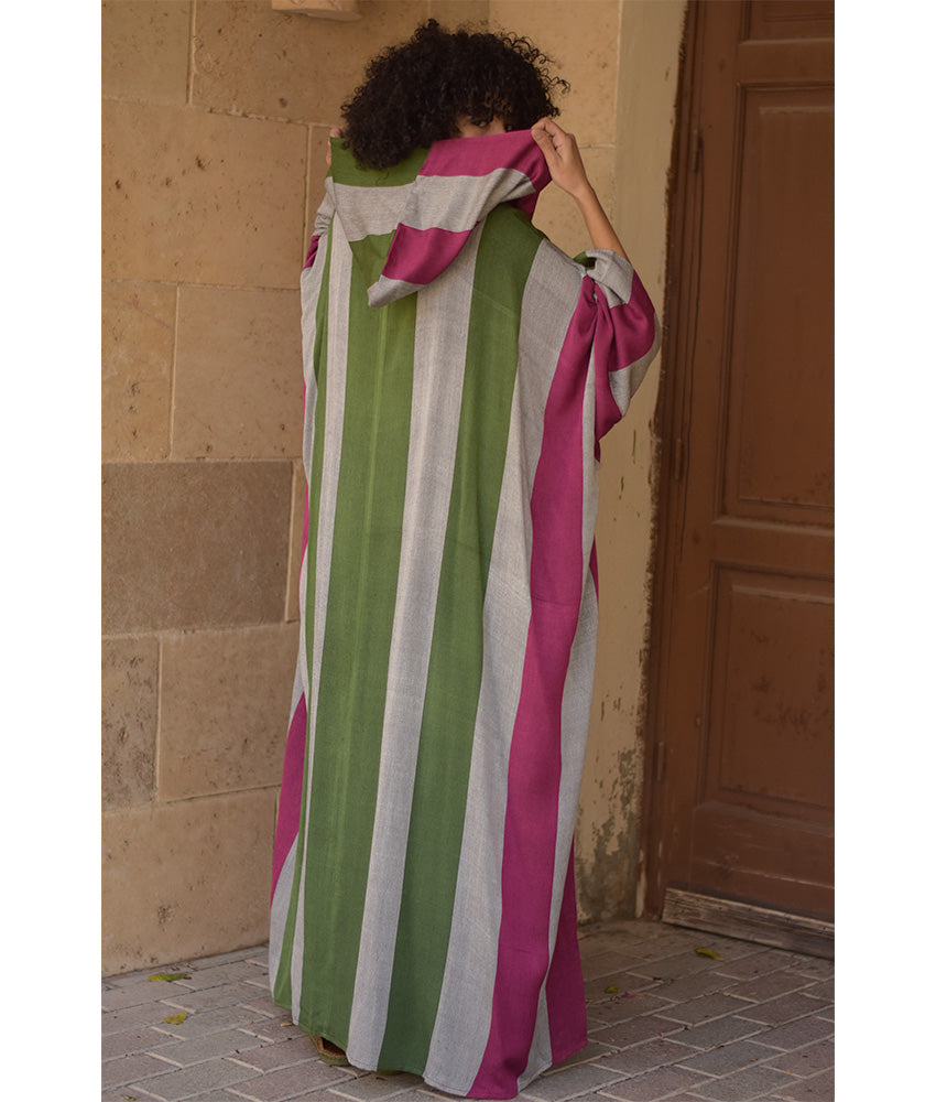 Multicolored Viscose Cardigan with Hoodie handmade in Egypt & available at Jozee Boutique.