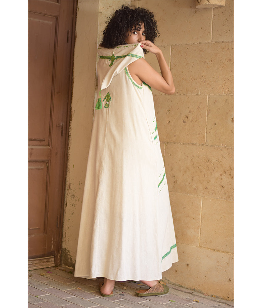 Off white Siwa Embroidered Linen Dress with Hoodie handmade in Egypt & available at Jozee Boutique.