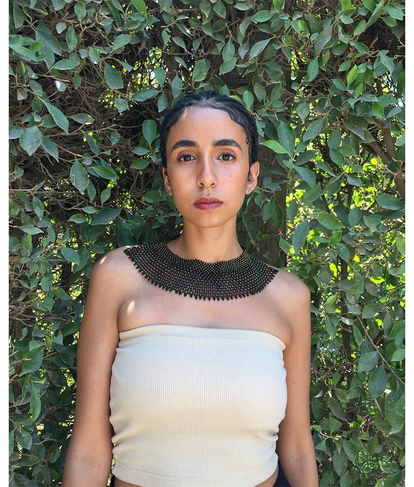 Gold & black French Loom Beaded Necklace handmade in Egypt & available at Jozee Boutique.
