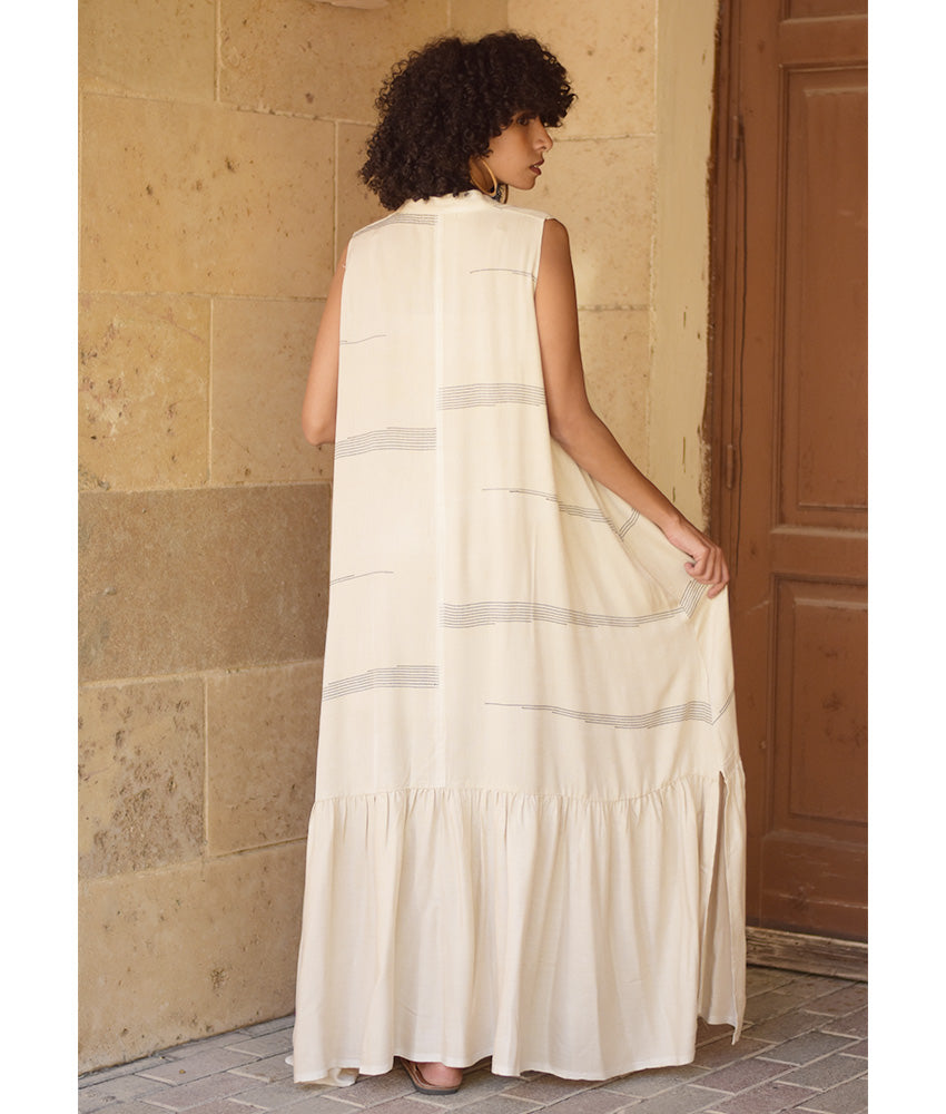 Off White Handwoven Ruffle Dress Handmade in Egypt & available at Jozee Boutique