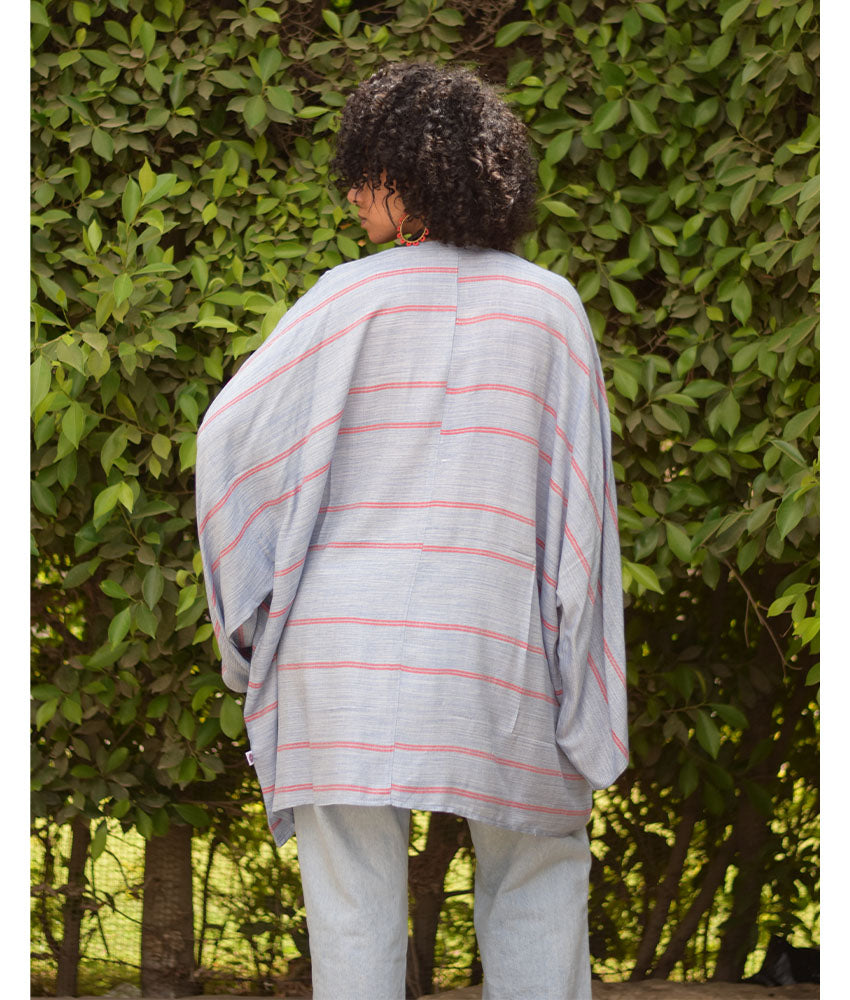 Baby Blue & Red handwoven Egyptian cotton cardigan handmade in Egypt & available at Jozee Boutique.