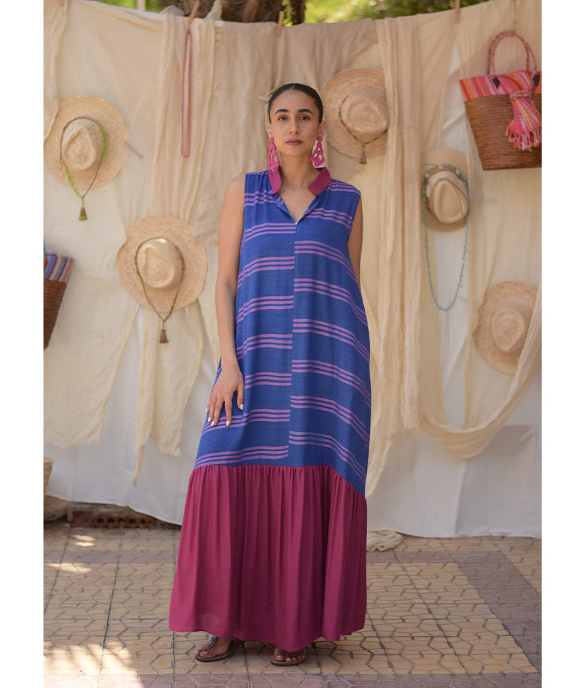 Blue & Fuchsia Handwoven Ruffle Dress handmade in Egypt & available in Jozee boutique