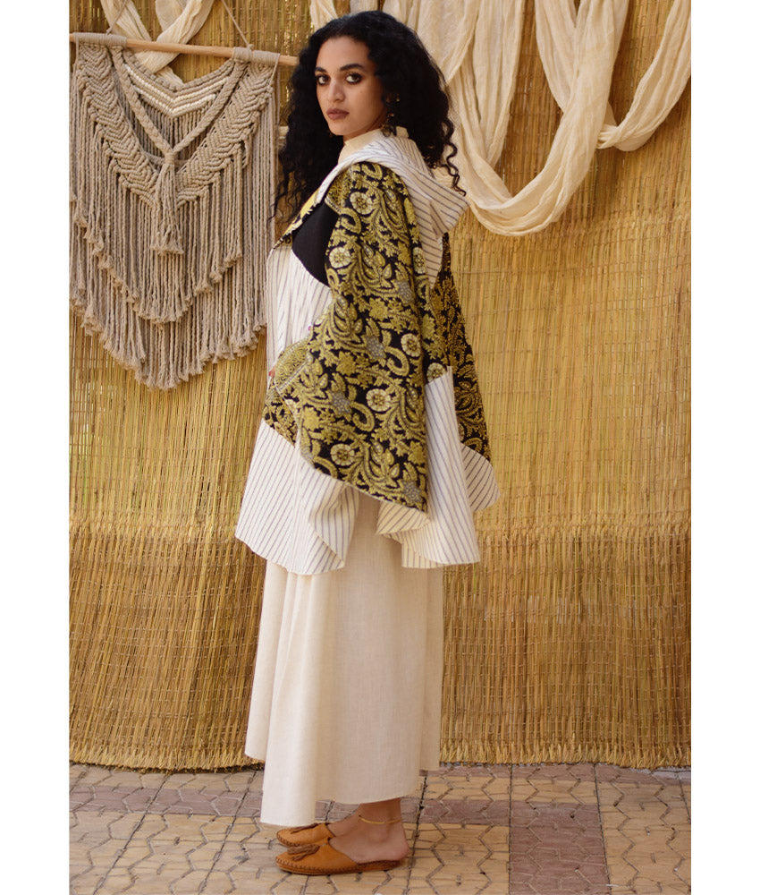 White, Black & Mustard Wool & Heavy Linen Double-Face Heritage Cape