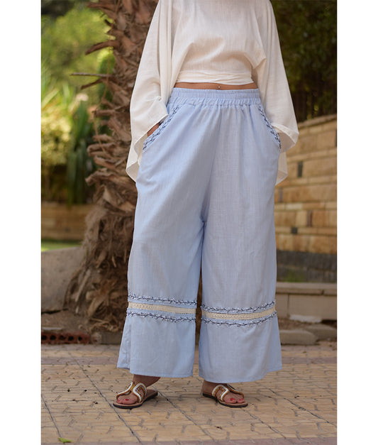 Baby blue Linen Set with Hand Embroideries handmade in Egypt & available at Jozee Boutique.