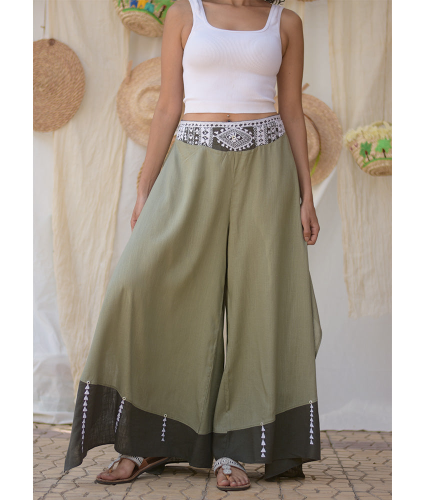 Light Olive Green Siwa Embroidered Flowy Pants handmade in Egypt & available at Jozee Boutique.