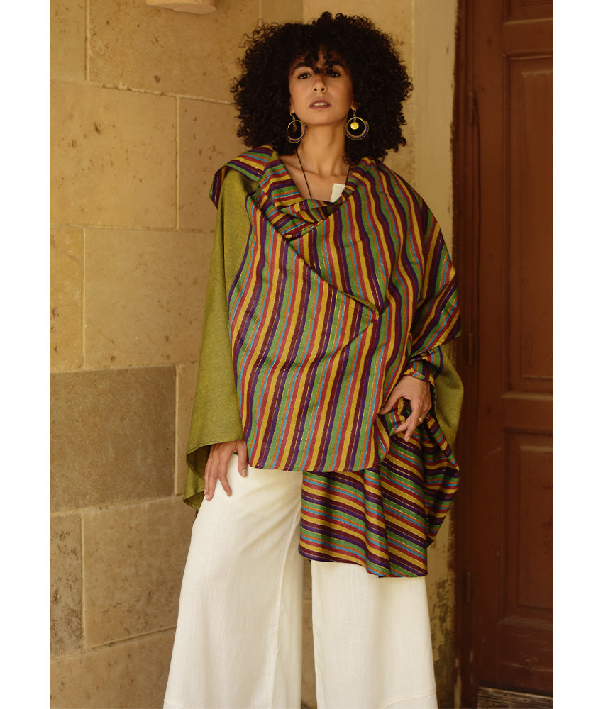 Olive Green & Multicolored Silk & Cotton Hooded Cape