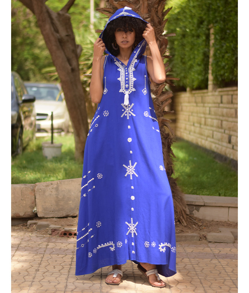 Electric Blue Siwa Heavily Embroidered Linen Dress with Hoodie handmade in Egypt & available at Jozee Boutique.