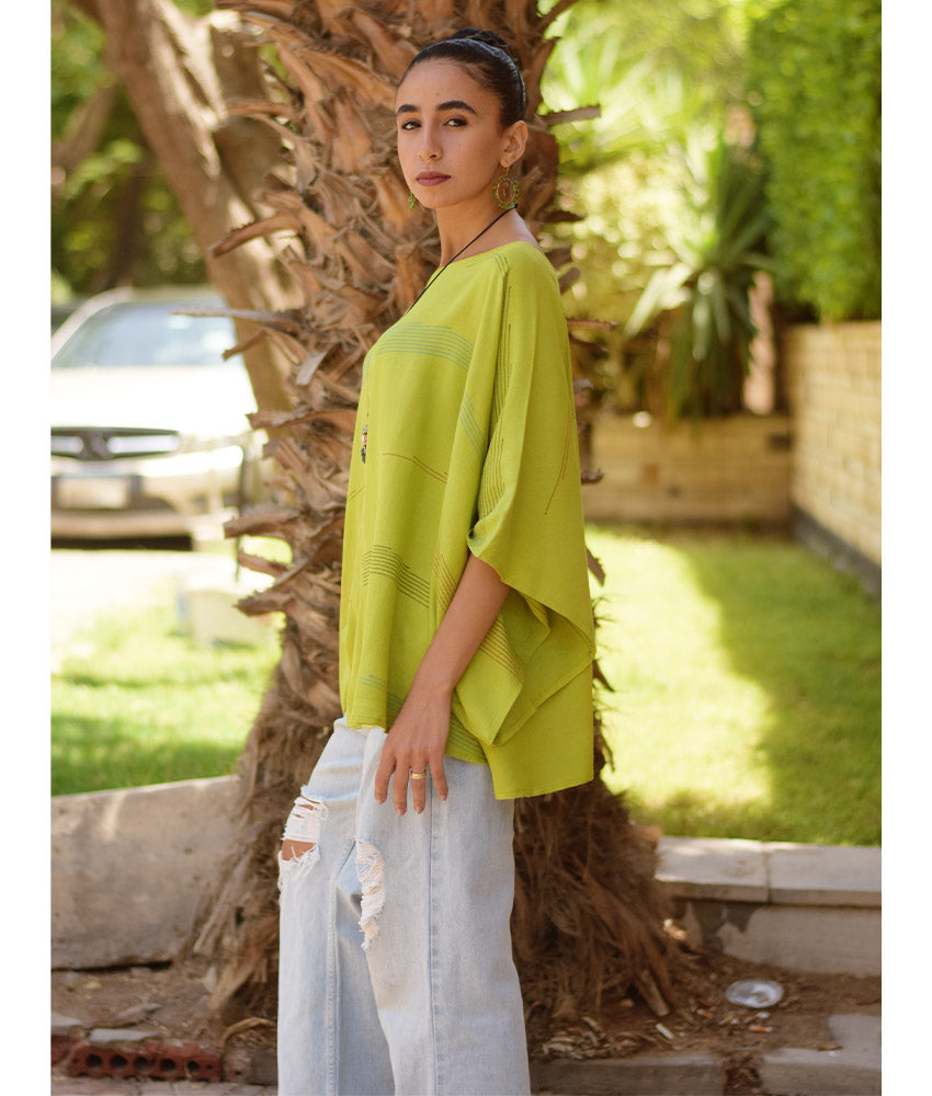 Lime Green Viscose Oversized Top with Flowing Silhouette handmade in Egypt & available at Jozee Boutique.