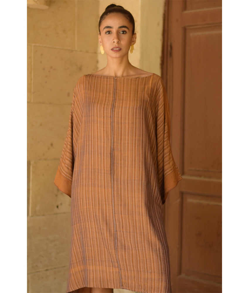 Caramel Brown Viscose Midi Dress with Inspired Pattern handmade in Egypt & available at Jozee Boutique.