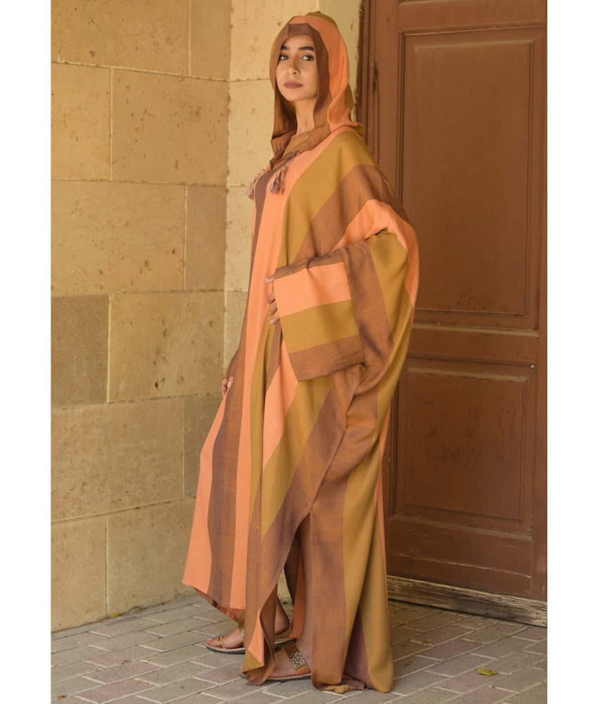Peach & Brown Stripped Viscose Kaftan with Hoodie handmade in Egypt & available at Jozee Boutique.