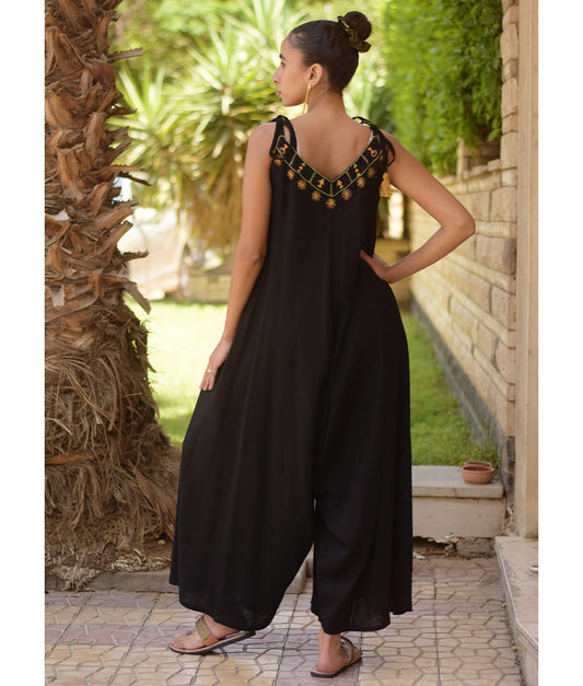 Black Siwa Embroidered Linen Flowy Jumpsuit/Dress handmade in Egypt & available at Jozee Boutique.