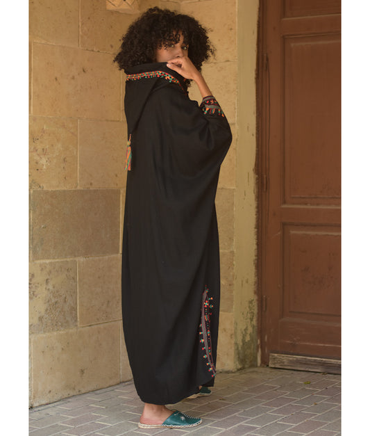 Black Siwa Embroidered Linen Kaftan with Hoodie handmade in Egypt & available at Jozee Boutique.