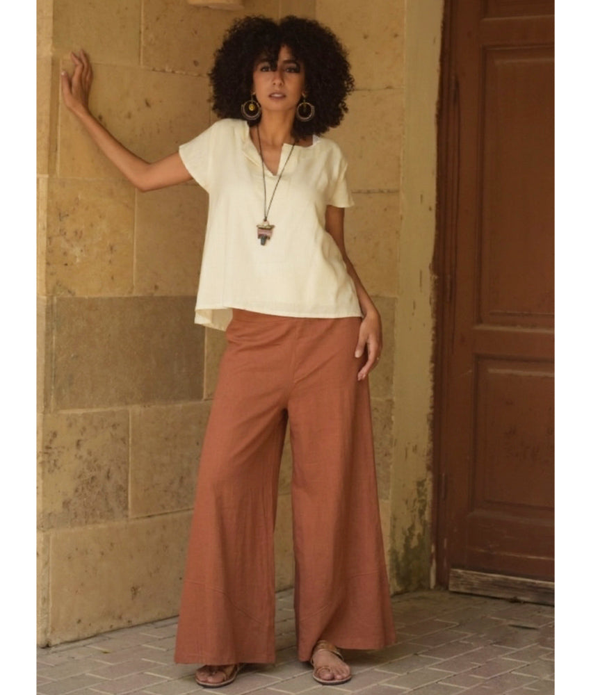 Cinnamon Brown Linen Draped Wide-Leg Pants handmade in Egypt & available in Jozee boutique