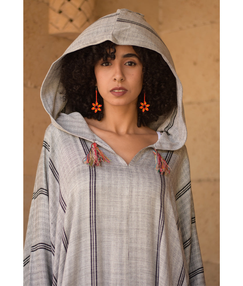 Grey Stripped Viscose Kaftan with Hoodie handmade in Egypt & available at Jozee Boutique.