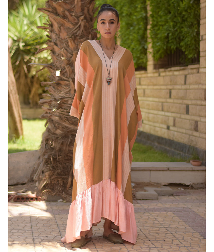 Peach & Multicolored Handwoven Ruffle Kaftan handmade in Egypt & available at Jozee boutique