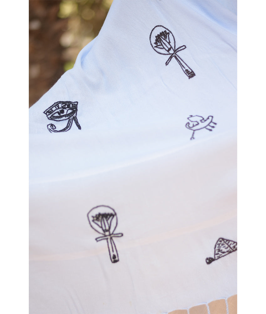 White Viscose Shawl with Egyptian-Inspired Embroideries handmade in Egypt & available at Jozee boutique