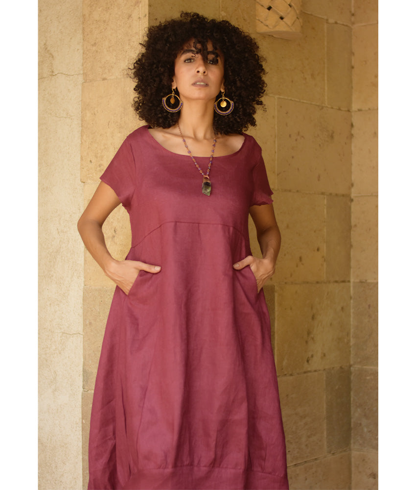 Burgundy Raw Linen Balloon Dress handmade in Egypt & available at Jozee boutique