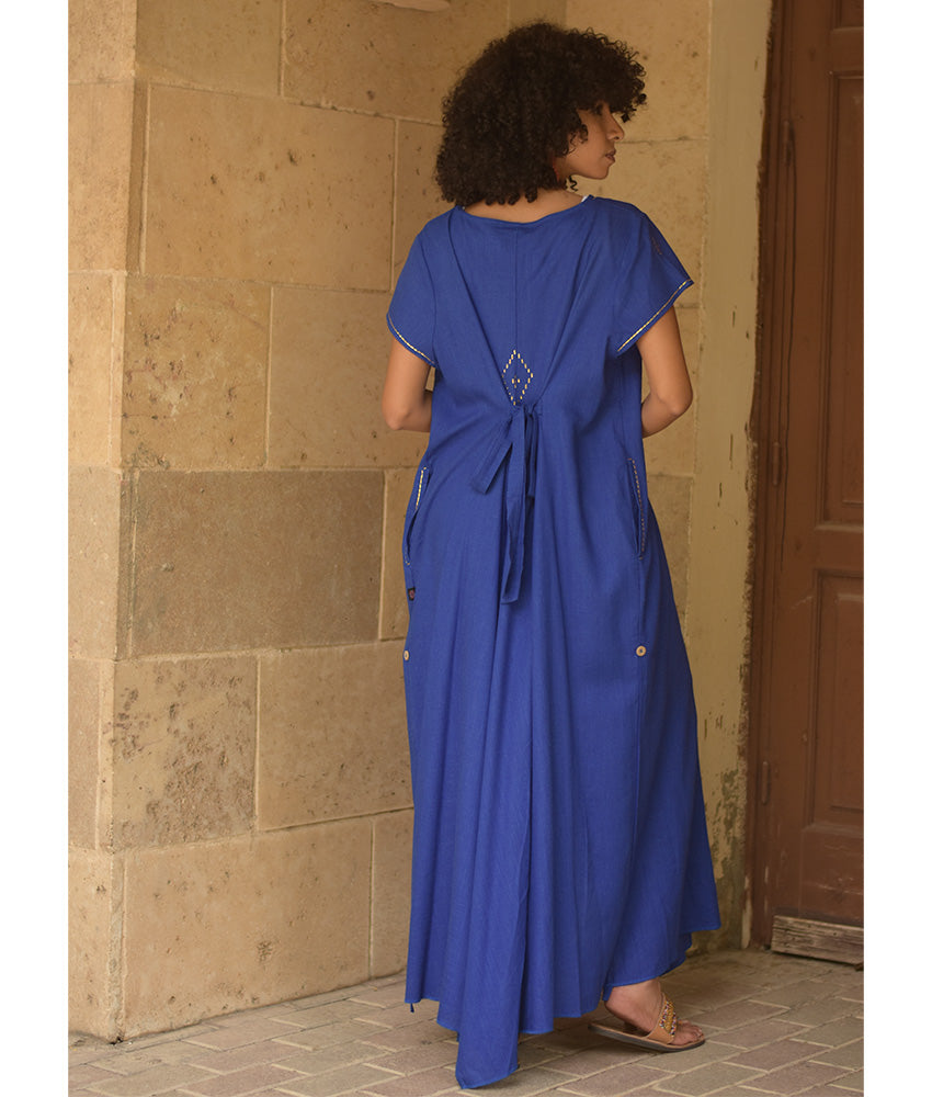 Electric Blue Linen Dress with Gold Tally Embroideries handmade in Egypt & available at Jozee boutique