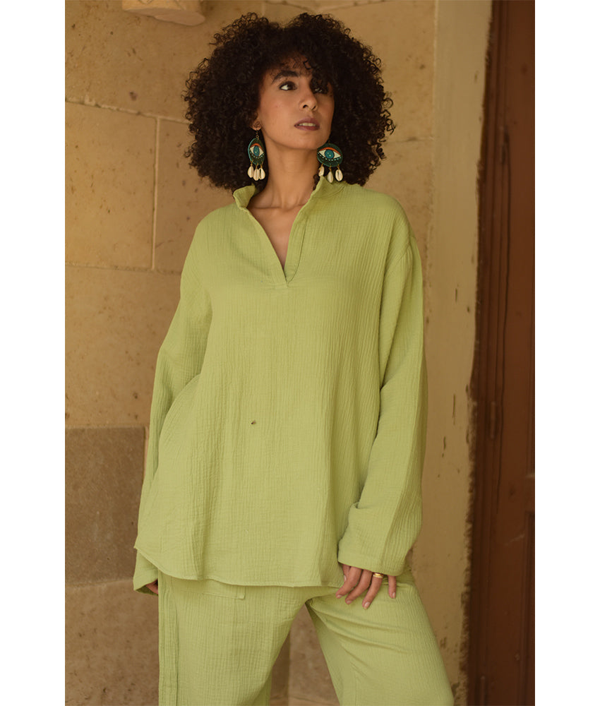 Light Olive Green Cotton Textured Oversized Top handmade in Egypt & available at Jozee boutique