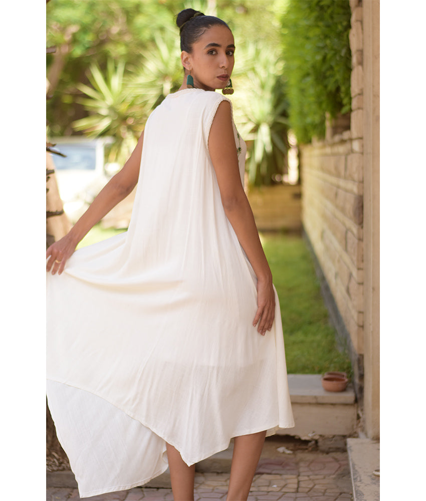 White Linen Dress with Hand Embroideries handmade in Egypt & available in Jozee boutique